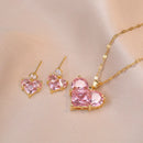 Fashion Cute Pink Heart Necklace Earrings Set Classic Niche Versatile Simple Wedding Clavicle Chain